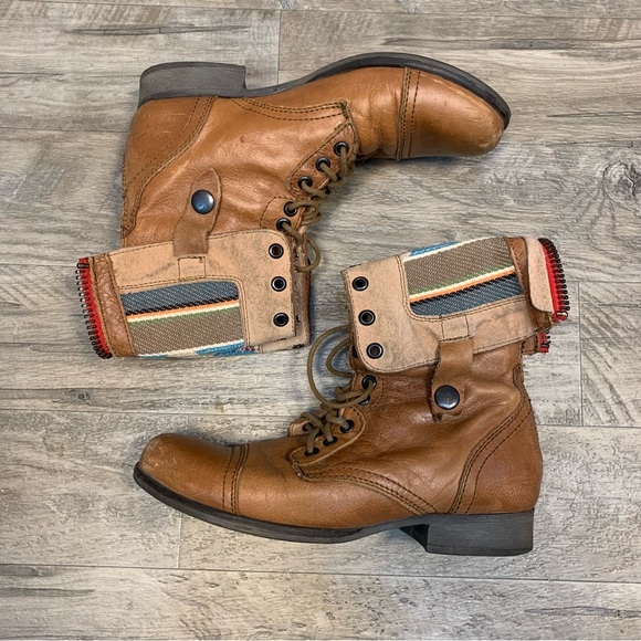 Steve Madden Shoes - Steve Madden Camarro Mexico Western Fold Over Aztec Lace Up Combat Boots Tan